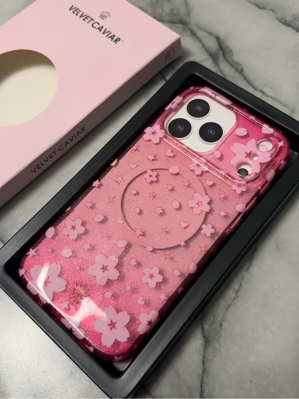 Velvet Caviar Pink Floral Glitter Phone Case 17 pro max